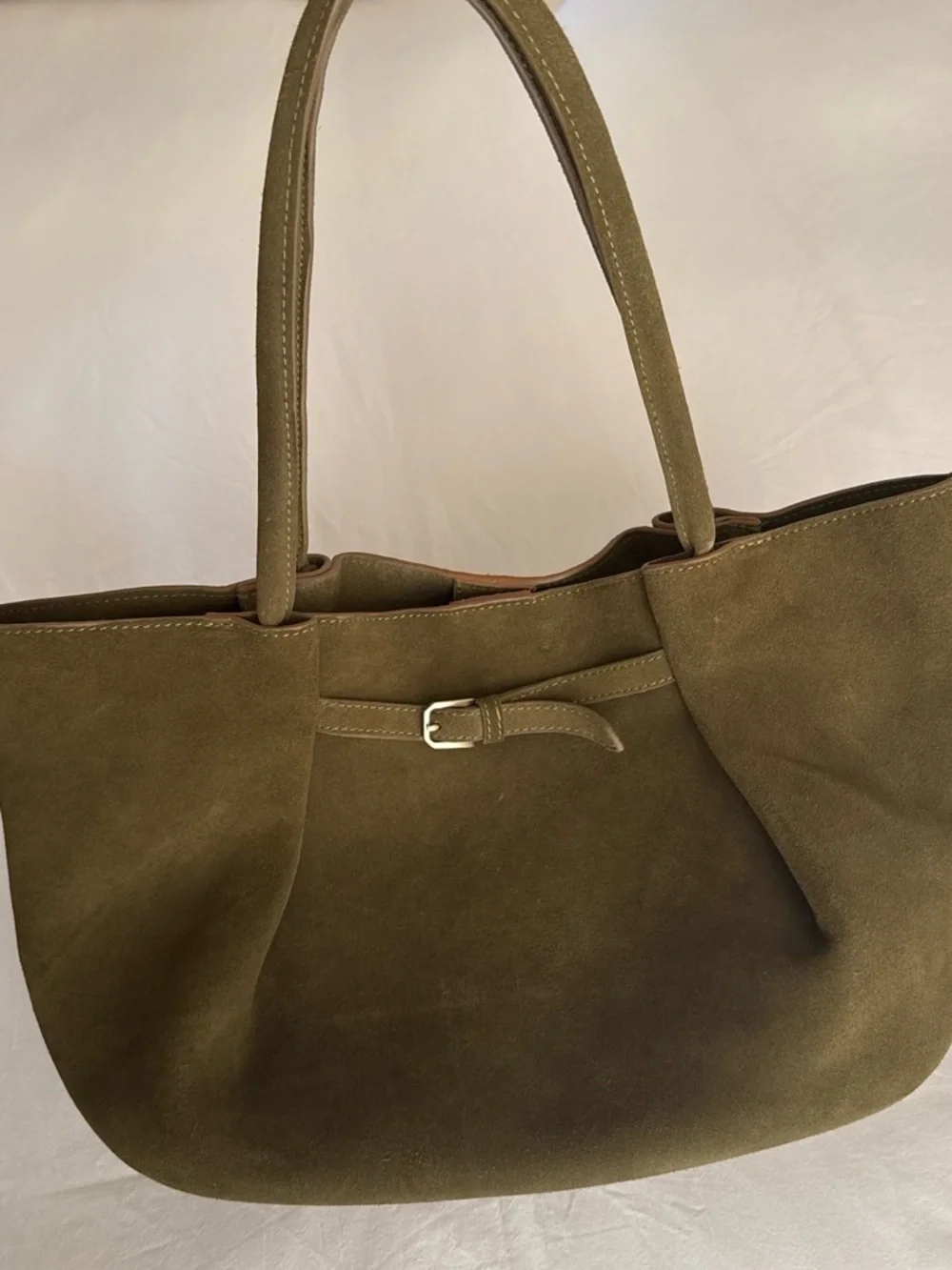 Olive Green Genuine Suede Tote Bag with Buckle Detail